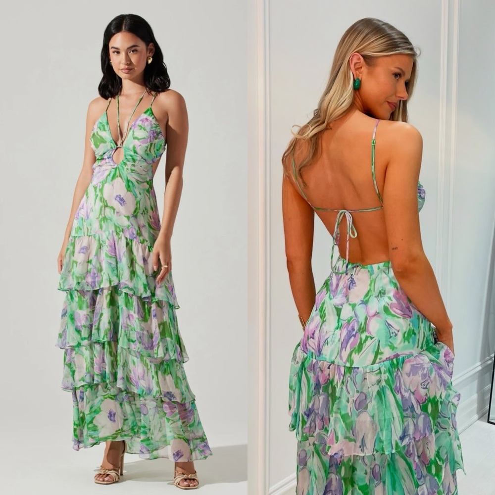 New ASTR Aneira Halter Ruffle Floral Maxi Dress